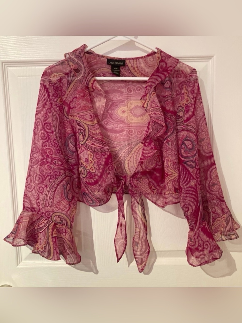 Lane Bryant Pink Paisley Sheer Tie-Front Bell Sleeve Shrug 14/16